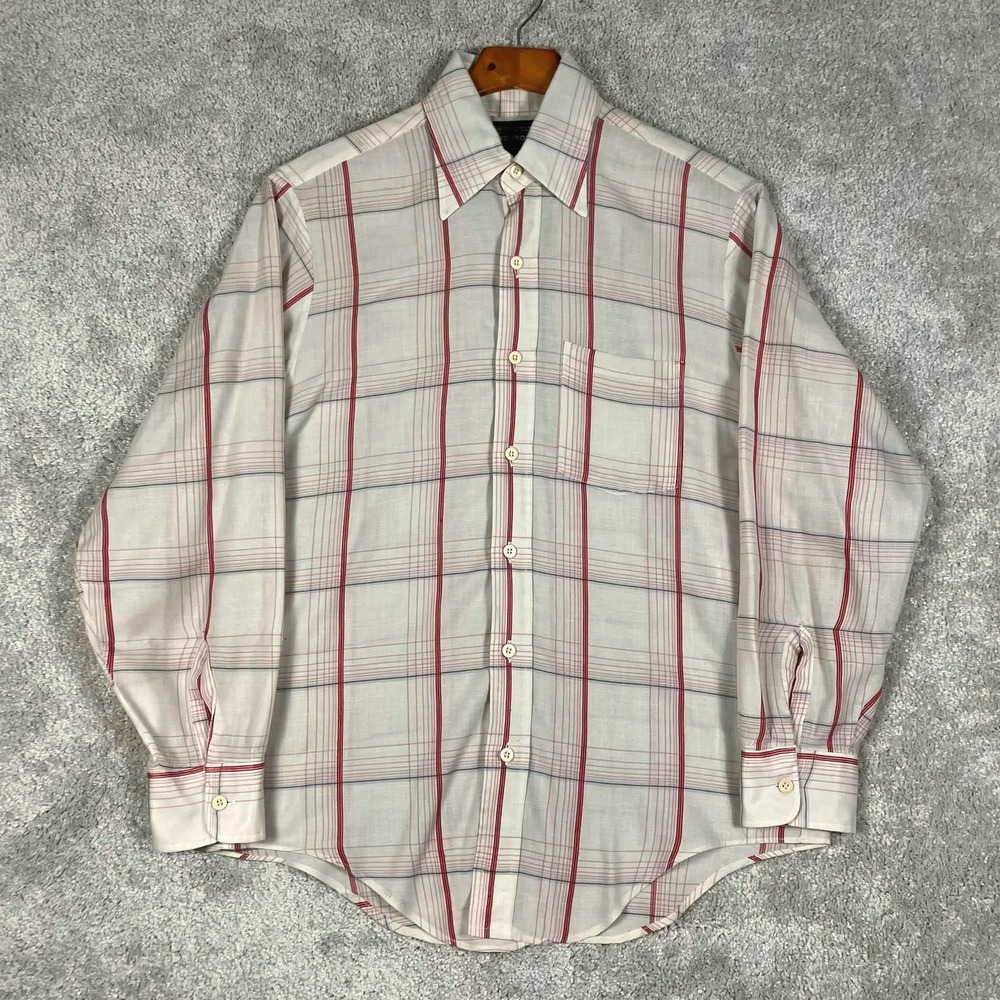 VTG 70s JCPenney Mens No Iron Plaid Button Down Shirt White Red Blue Long Sleeve